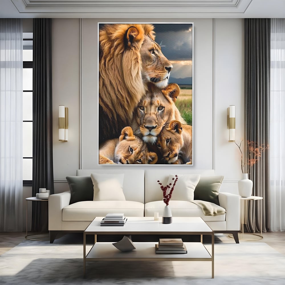 Tablou canvas cu tablou canvas cu o familie de lei, in rama de aluminiu argintiu, pe perete intr-un living